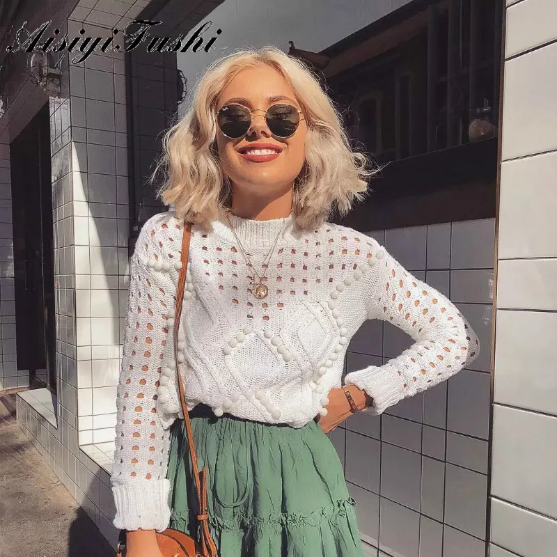 

AISIYIFUSHI White Hollow Out Sweaters Cropped Sweater Round Neck Women Jumper 2019 Autumn Long Sleeve Knitwear Women Long Sleeve