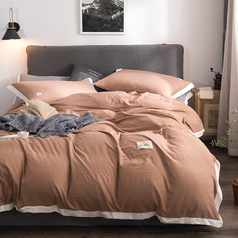 

Modern brown Washed Cotton Bedding Sets 4PCS Solid Color queen king Duvet Cover Pillowcase Soft summer Home Textile Good quality