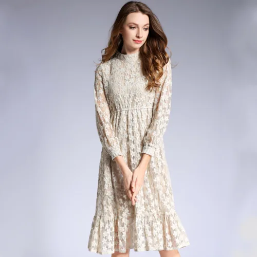 2018 Autumn New Long Long Sleeve Long Temperament Lady Lantern Sleeves Ruffled Lace Dress Dresses