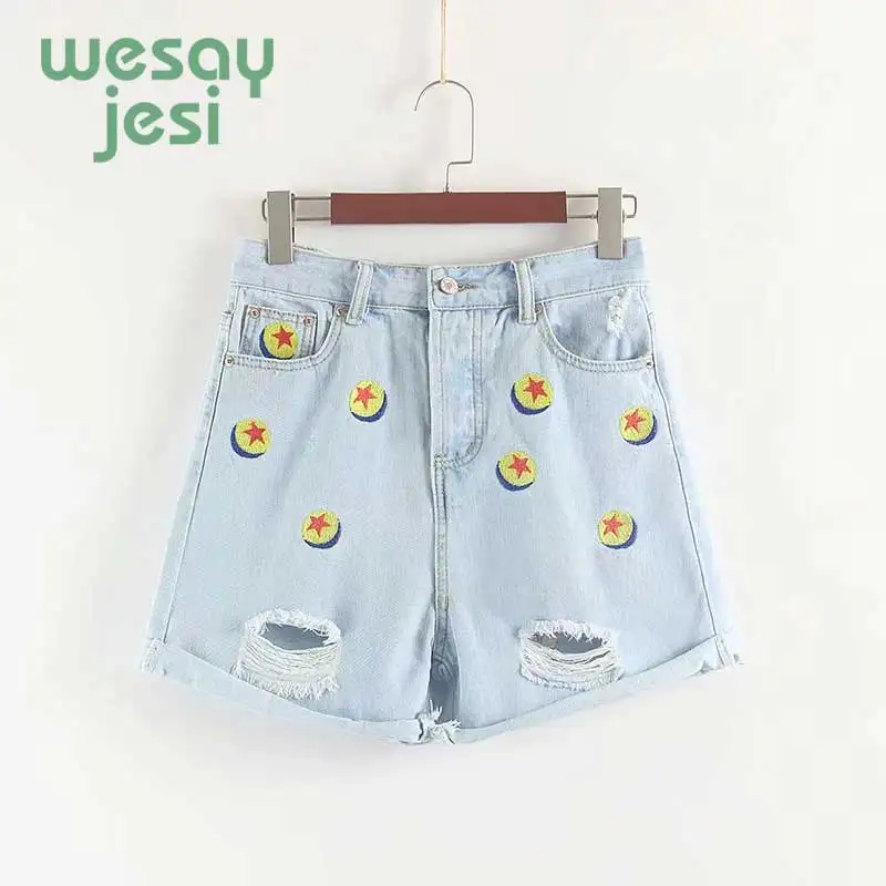 

2019 new shorts women high street bow embroidery and ball embroidery mom style high waist washed hole denim shorts plus size