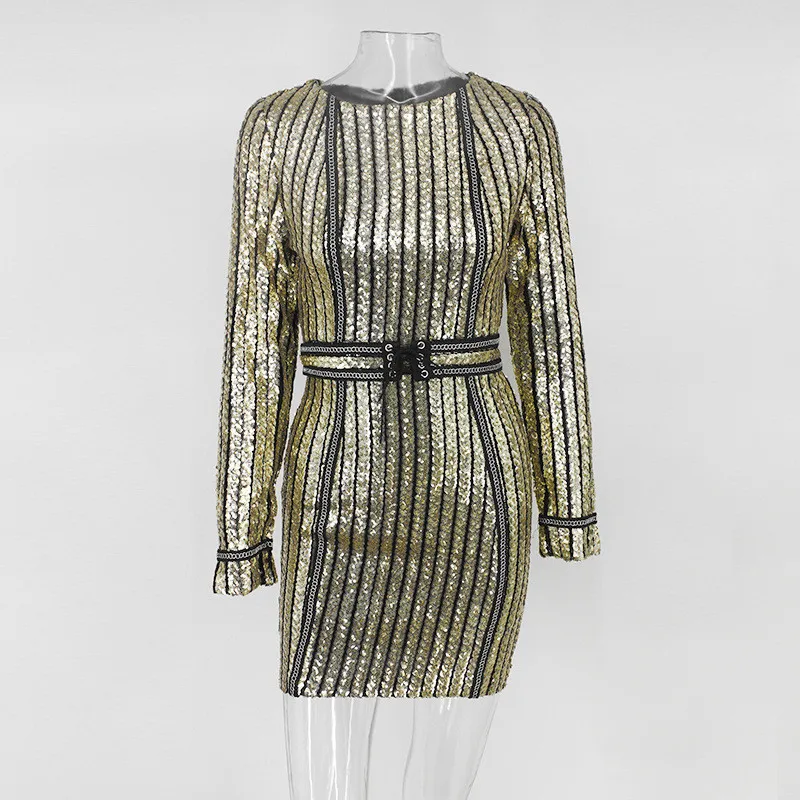 Winter New Sexy Sequined Long-Sleeved Mini Dress Women Round Neck Stripes Slim Dress Ladies Party Club Vintage Dresses5