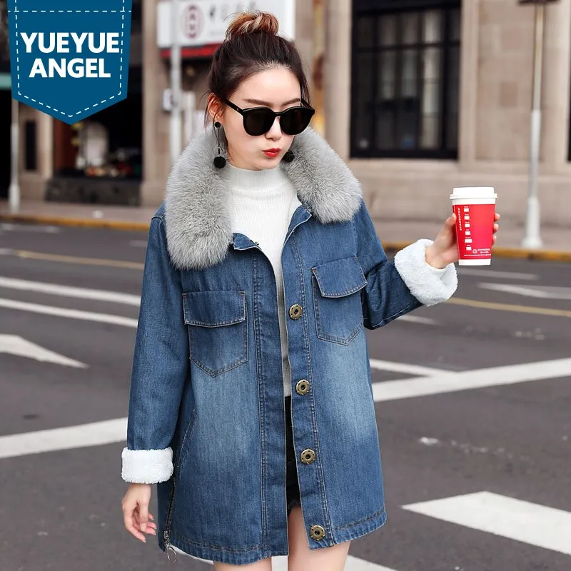 Зимнее женское свободное джинсовое хлопковое пальто средней длины, модное плотное женское джинсовое пальто с воротником из лисьего меха на пуговицах с отложным воротником