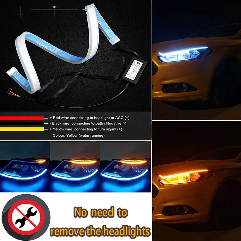 

2Pcs Slim Flexible Switchback LED Knight Rider Strip Light For Headlight Sequential DRL Flowing Amber Turn Signal Lights