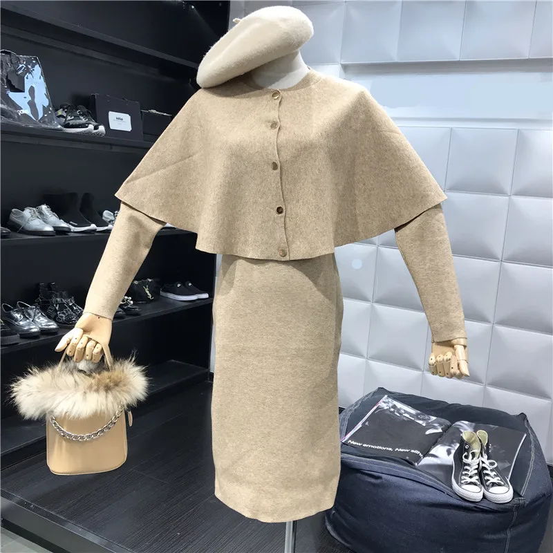 

2019 Spring Autumn Women Knitted cloak tops + Long Sleeves Dress 2pcs Sets Beautiful Suits A616