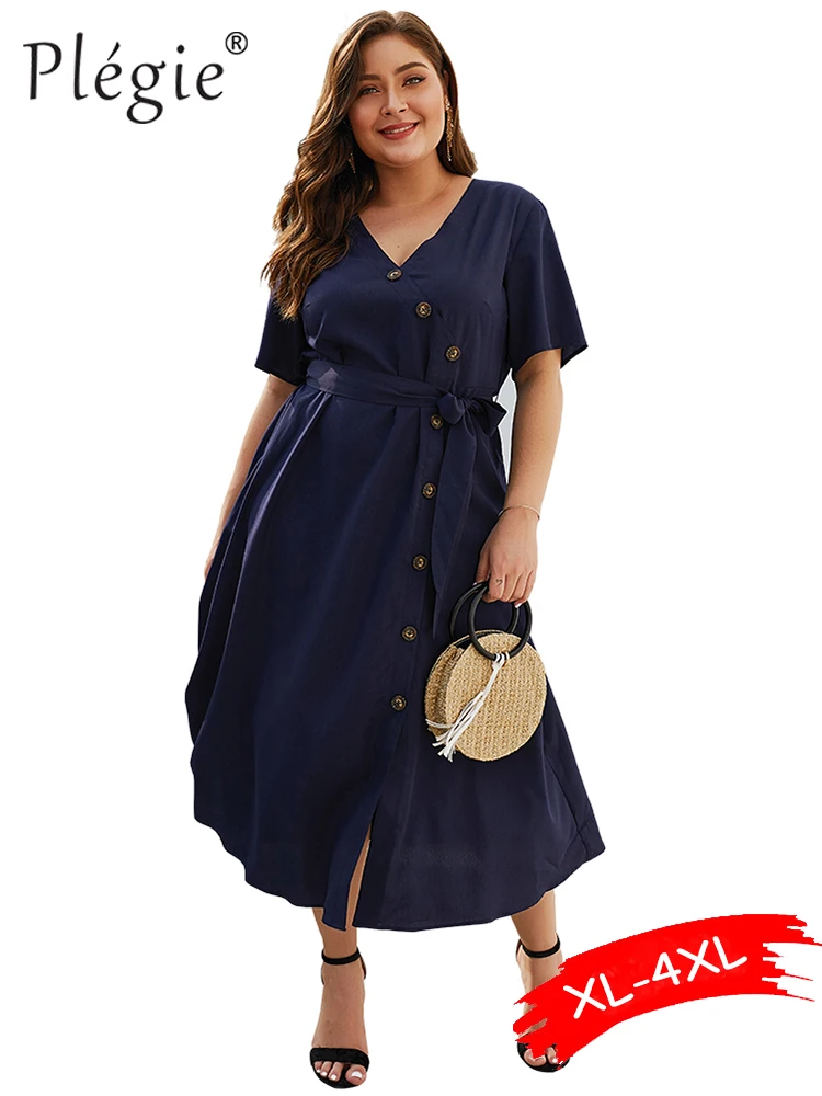 

Plegie Plus Size Women Elegant Dress Short Sleeve V Neck Buttons Bandage Dresses Navy XL-4XL Big Size Summer Dress 2019