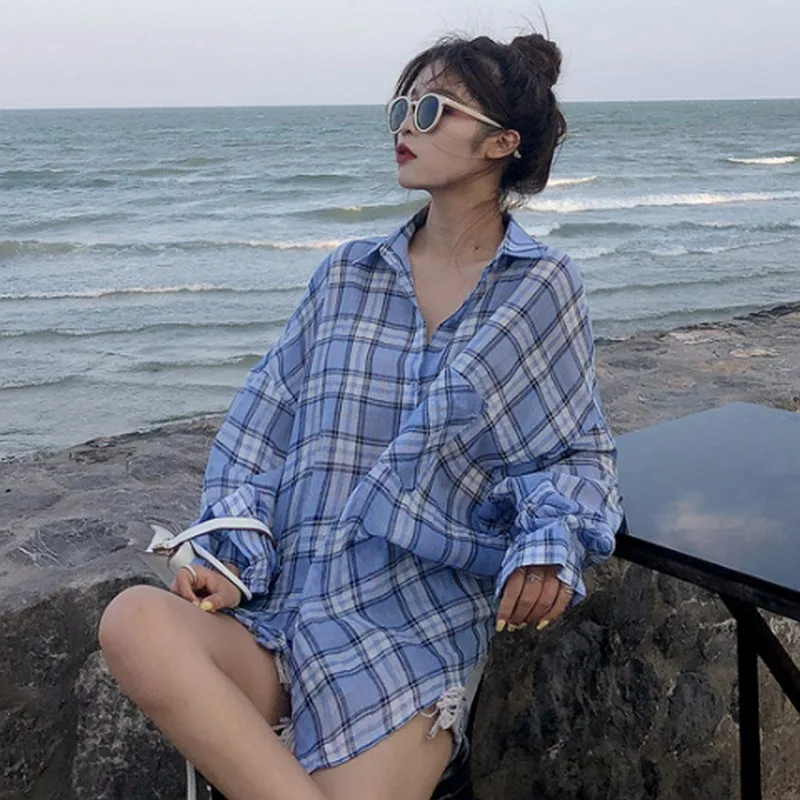 

Summer Casual Fashion Woman Blouses 2019 Fashion Korean Blue and Orange Plaid Long Sleeve Sunscreen Women Tops Ladies Clothes