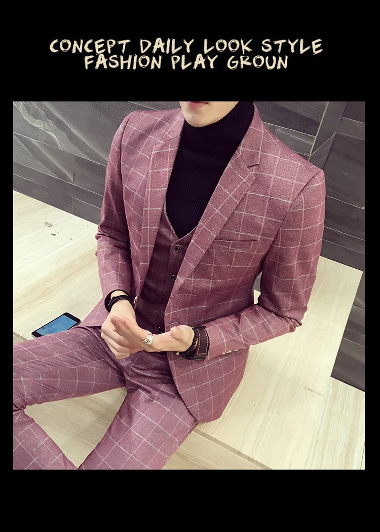 Бесплатная доставка Плюс размер M-5XL Корейская Новая мода мужские розовые костюмы slim fit повседневные деловые клетчатые 3 шт. Комплект