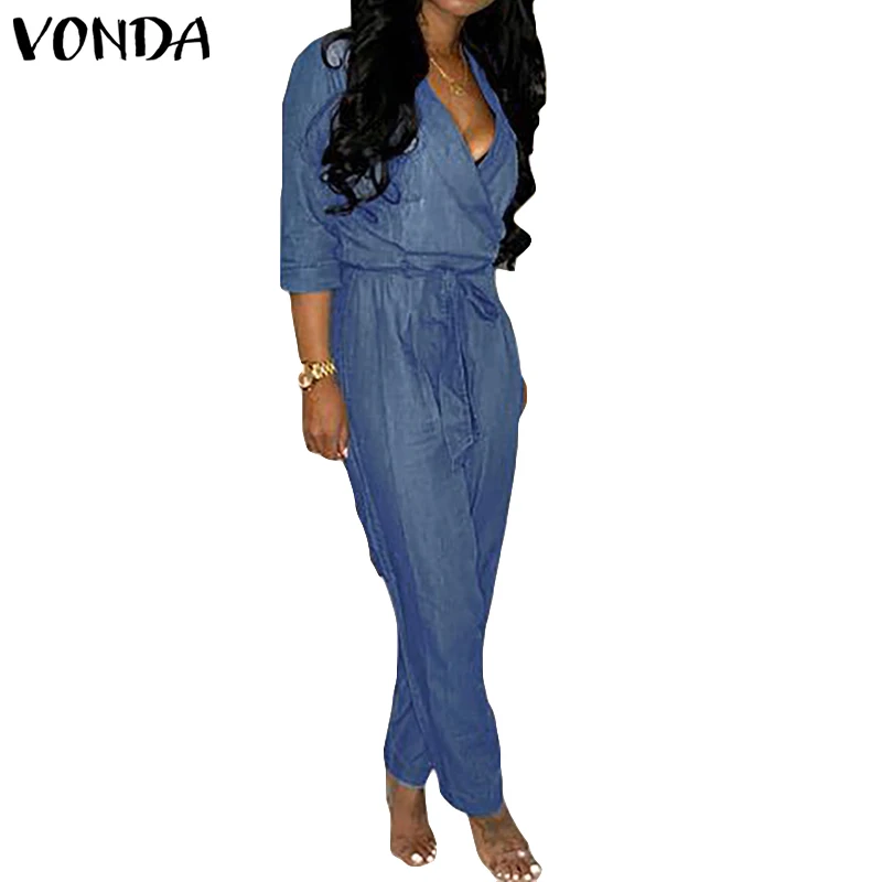 VONDA джинсовый комбинезон женский комбидресс офисные женские брюки летний сексуальный комбинезон с v-образным вырезом для женщин повседневные комбинезоны размера плюс S-5XL