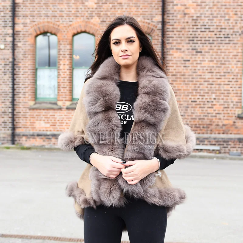 

CX-B-P-45C Autumn Fashion New Real Patchwork Fox Fur Around Knitted Poncho Shawl