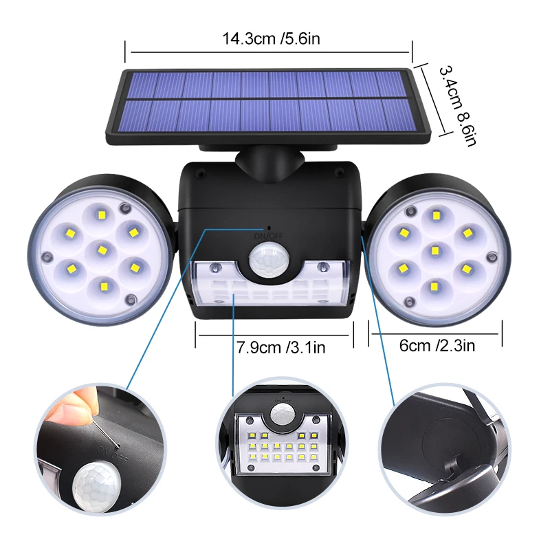 30LED Solar Light Dual Head Solar Lamp PIR Motion Sensor Spotlight Waterproof Outdoor Adjustable Angle Lights For Garden Wall