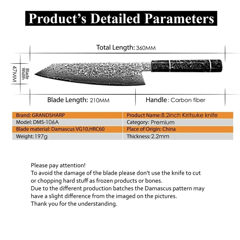 8,2 дюймов дамасский кухонный нож ручной работы поварской нож VG10 японский дамасский стальной кухонный нож Kiritsuke Подарочная коробка Grandsharp