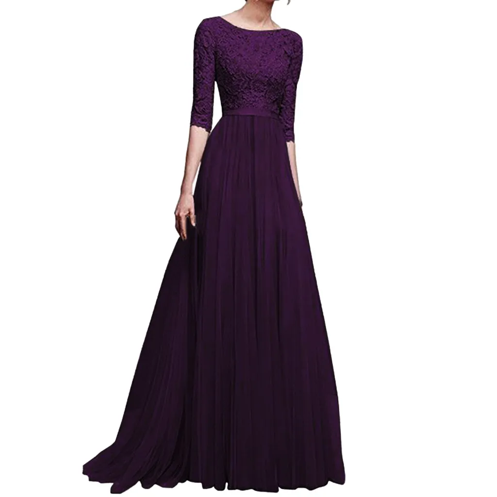 Женское Формальное свадебное платье подружки невесты длинное полиэфирное полусплошное кружевное платье на выпускной бальное платье - Цвет: Purple