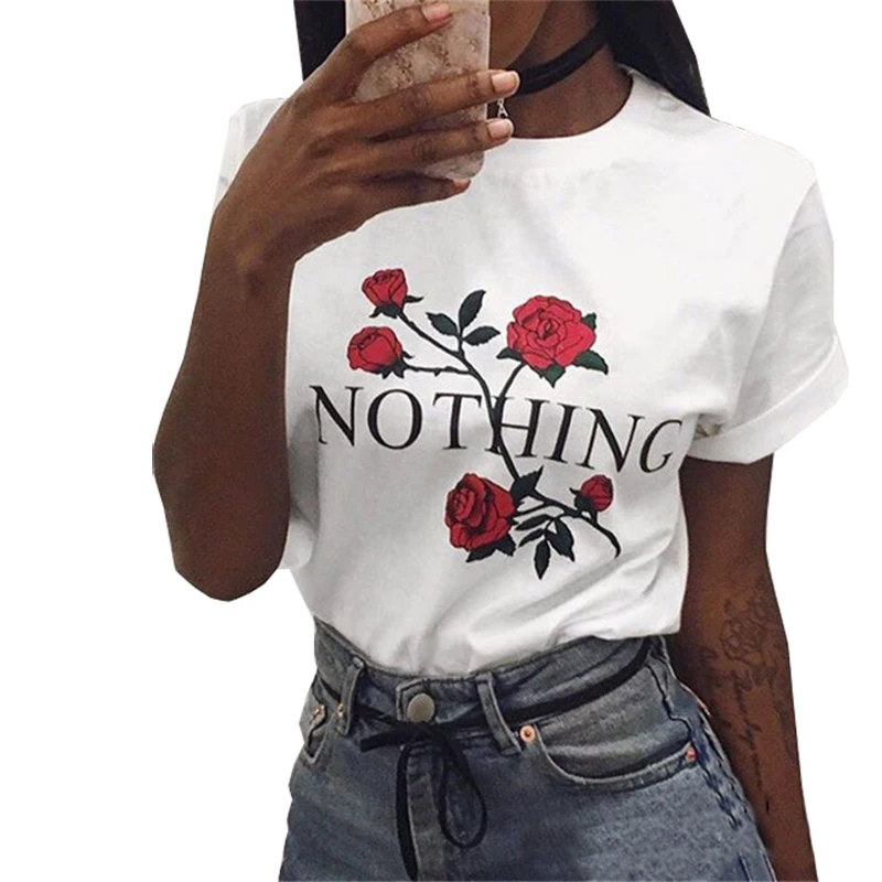 Bmabooboy NOTHING Letters ROSE Print Women T Shirt Cotton Blend Casual Shirt For Lady Women T