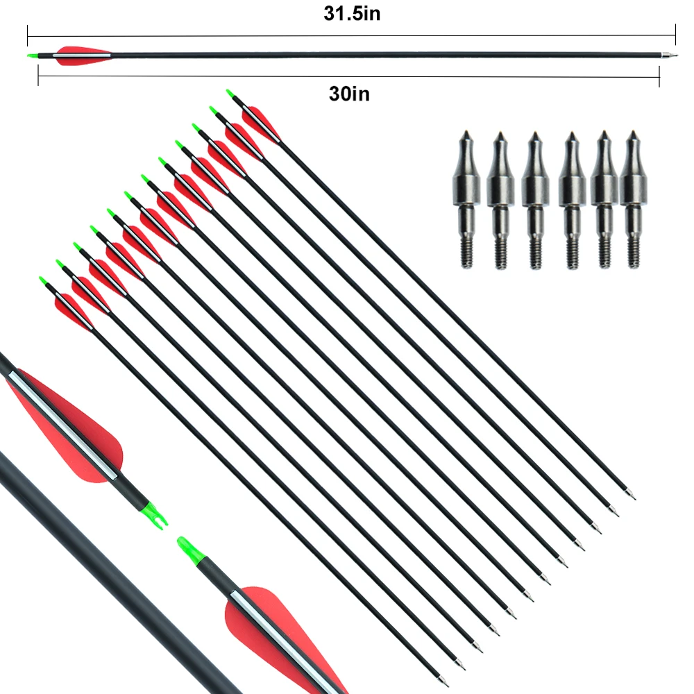 

Mixed Carbon Arrow 28/30/32 Inches Spine 500 with Replaceable Arrowhead for Compound/Recurve Bow Archery Hunting