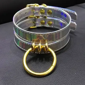 

100% Handmade Women's Holographic Choker Doule Straps Layer Choker Gold Metal Circle Round Collar Fetish Necklace