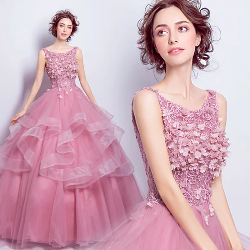 

Long Pink Ball Gown Round Neck Sleeveless Lace Embroidery Evening Party Dress Appliques Ruffles Tulle Prom Dress For Wedding