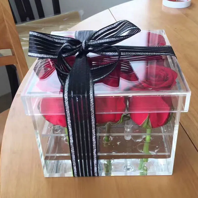 New Style Acrylic Rose Flower Box Makeup Organizer Cosmetic Tools Holder Flower Gift Box For Girlfriend Wife With Cover