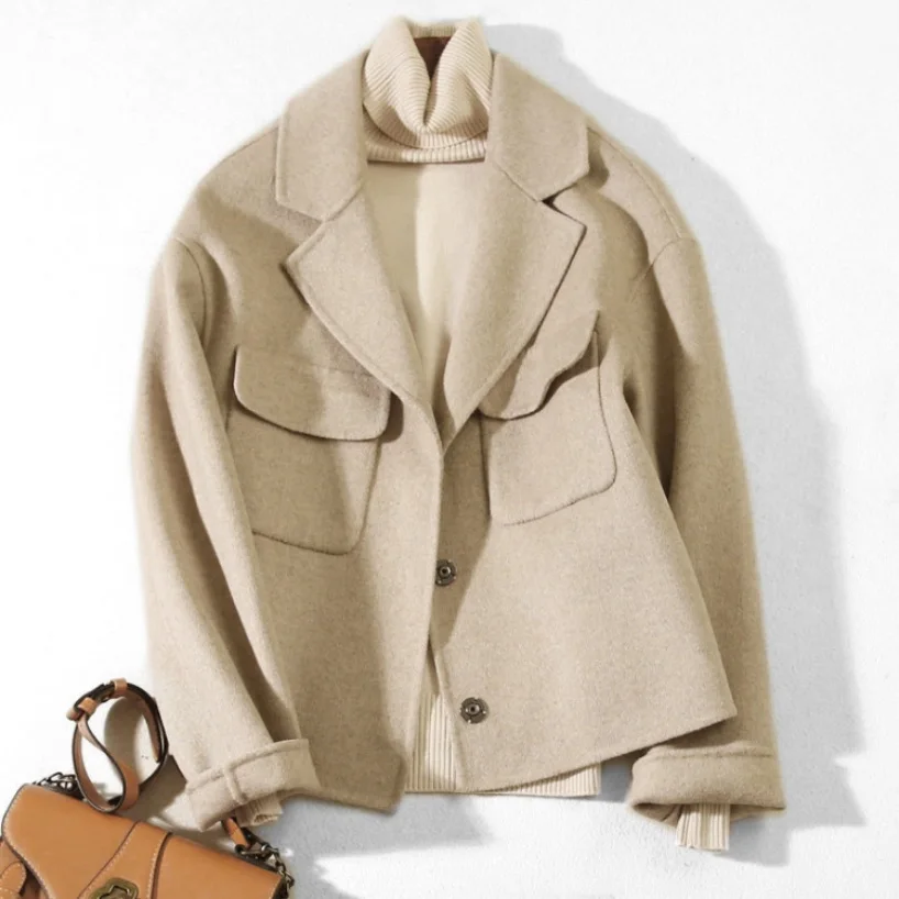 Women Woolen Jacket Short Coat Autumn Winter Turn-down Collar Loose Solid Woolen Blends Coat S-XL