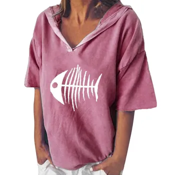 

Women Streetwear Fashion Casual Short Sleeve V-neck Fish Print Hooded Tops Plus Size Women Harajuku Shirt #Zer