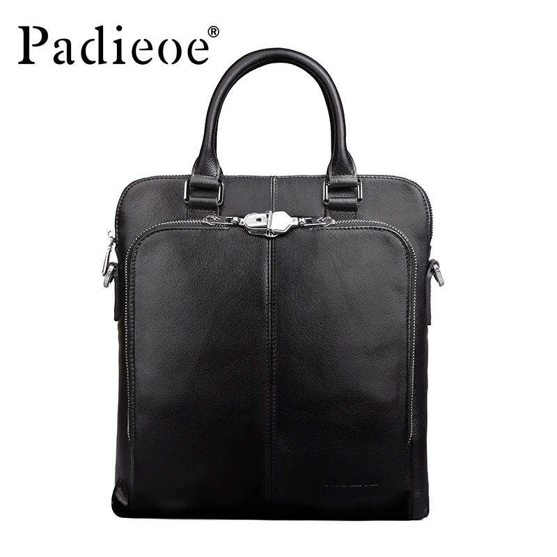 

Padieoe Luxury Brand Mens Briefcase Fashion bag Genuine Cow Leather Shoulder Bag Famous Brand Tote Bags With Zipper Lock BLack