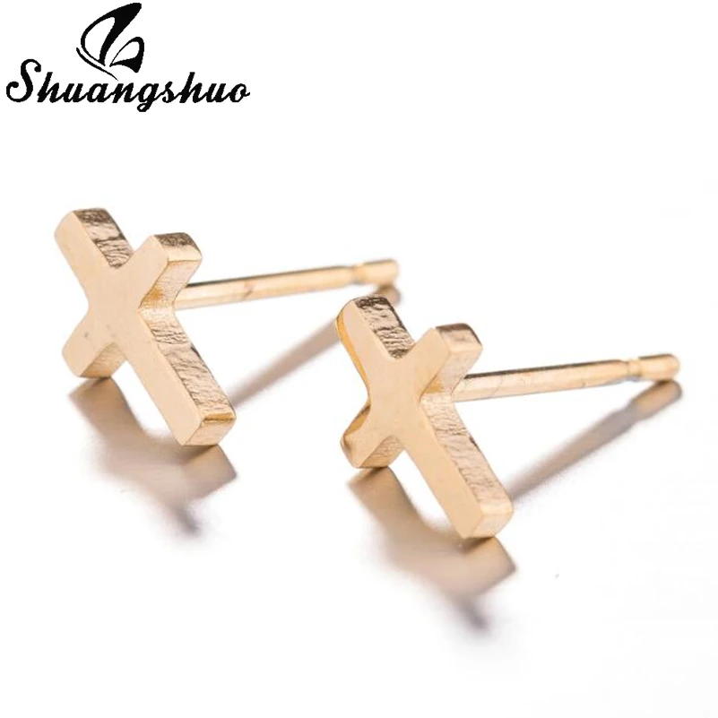 Shuangshuo Punk Korean Earrings Cross Stainless Steel Earrings Cross Stud Earrings Women Jewelry Studs Small Earrings oorbellen