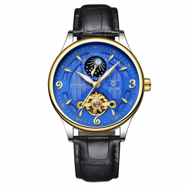 Модный бренд TEVISE мужские часы автоматические механические часы кожаный ремешок Moon phase Tourbillon спортивные часы Relogio Masculino - Цвет: black blue