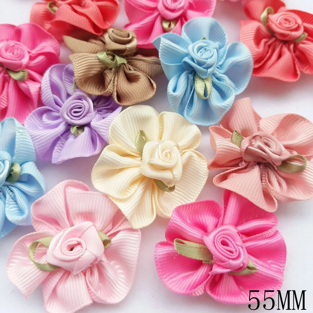 

20pcs Grosgrain Ribbon Flower Bow W/rose leaf Appliques Wedding Deco Craft Grosgrain ribbon flower