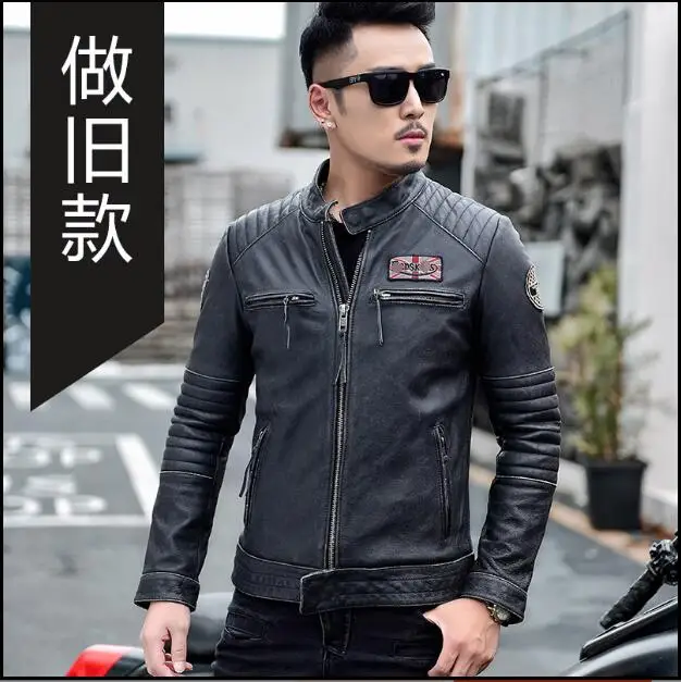 

Stand collar men's genuin leather jacket short slim young motorcycle leather jacket top layer leather fashion jacket. S-4XL!!