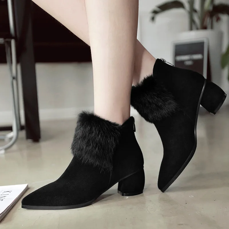 

New 2016 Fashion Cow Leather Korean Version Thick High Heel Ankle Boots Retro Winter Shoes Women Black Booties Discount