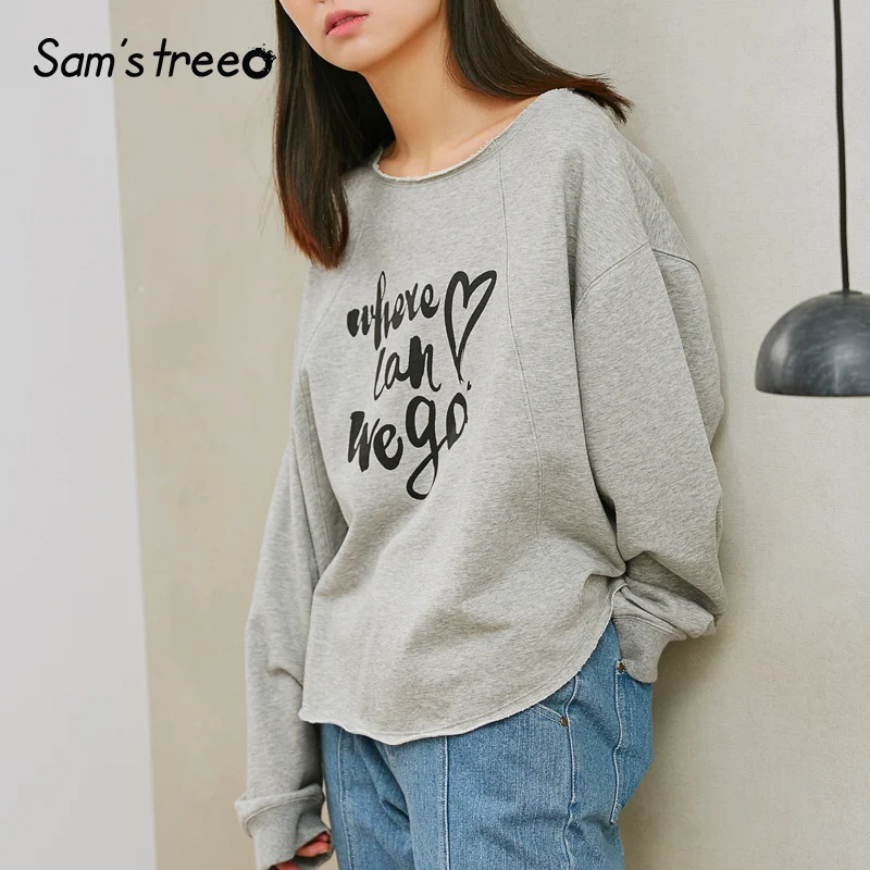 

Samstree Spring Autumn Casual Loose Women Tops Letter Printed Female T-shirts Slash Neck Ladies Tees Pullover Fringed Edge