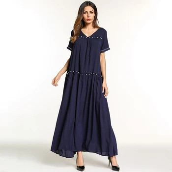 

Elegant Beading Draped Abaya Full Swing Dress Muslim V neck Kimono Long Robe Gowns Ramadan Jubah Middle East Islamic Clothing