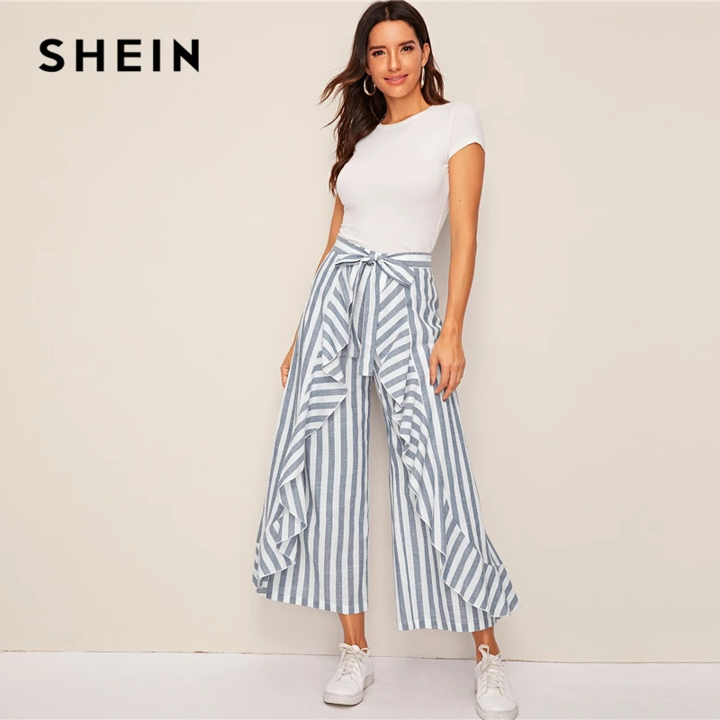 SHEIN двухцветные брюки палаццо с оборками и поясом, Boho, с высокой талией, широкие брюки, весна-лето, свободные женские брюки в полоску