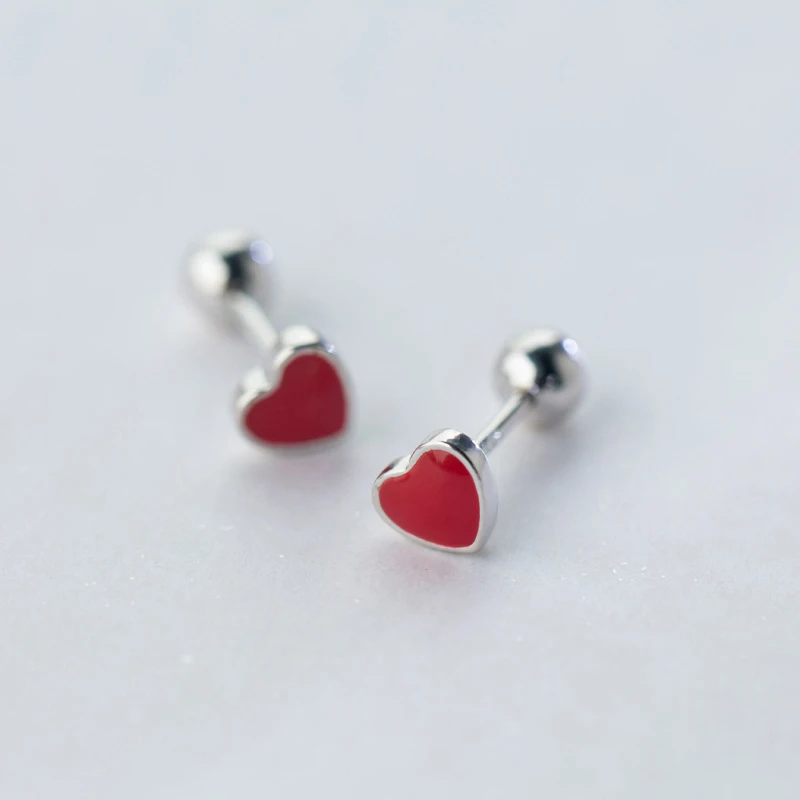 MloveAcc Red Heart Stud Earrings Real 925 Sterling Silver With Smooth