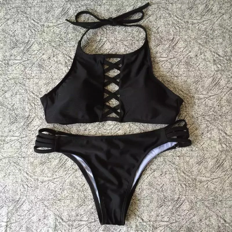 

High Neck Bikini 2017 Sexy Brazilian Halter Bikinis Bandage Swimwear Women Hollow Out Swimsuit Ladies Crop Top Bathing Swim Suit