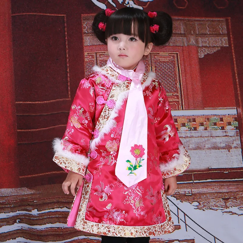 

Brocade Girl Children's Cheongsam Dress Chinese Palace Princess Dress+Necktie New Year Clothes Traditional Embroidery Tang Suits