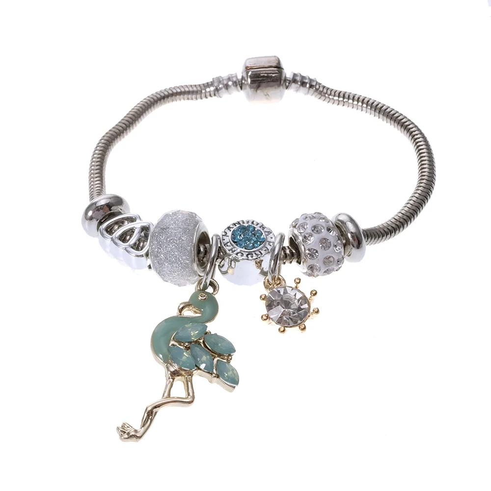 BeUrSelf Flamingo Charm Bracelet & Bangle with Love and Rhinestone