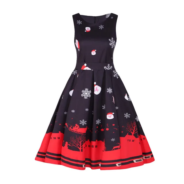 women christmas dress female elegant sleeveless knee length black print vintage party casual dresses cute - Black Christmas Dress women christmas dress female elegant sleeveless knee length black print vintage party casual dresses cute - Black Christmas Dress