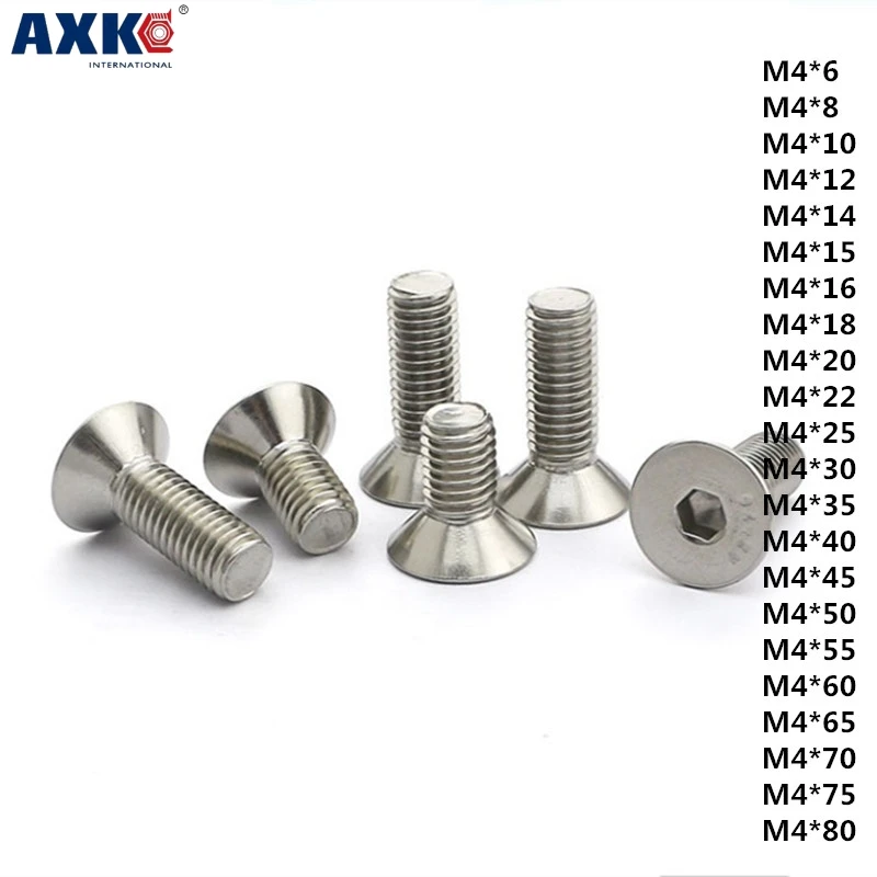 

AXK 50pcs 304 stainless steel countersunk head / flat head hexagon socket screws DIN7991 flat cup M4*5-80mm