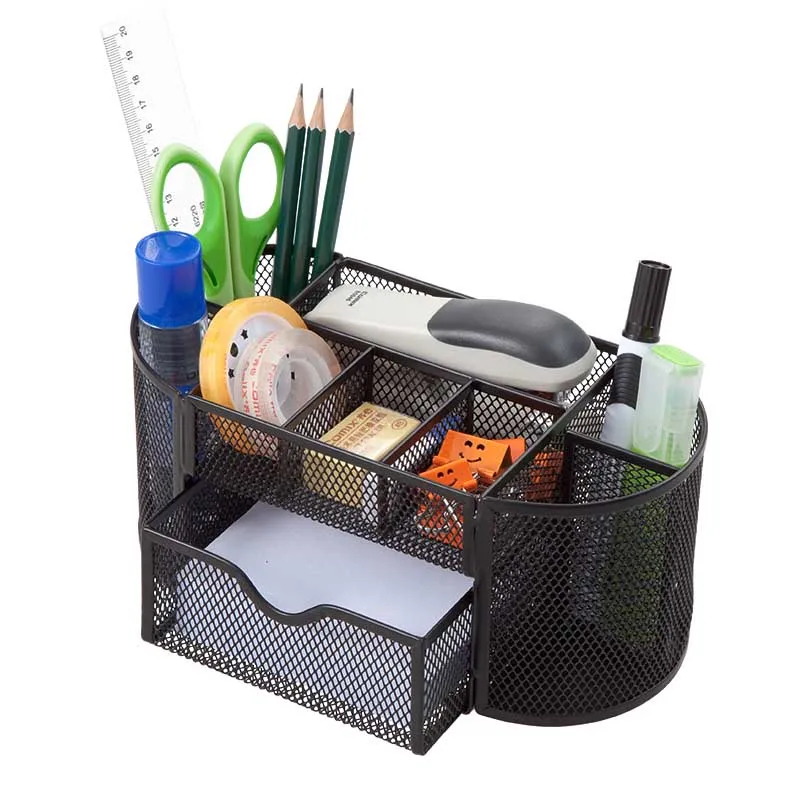 

HUA JIE Mesh Metal Desk Organizer Caddy Pen Holders with 8 Compartments with Drawer Office Desktop Organizer School Supply Memos