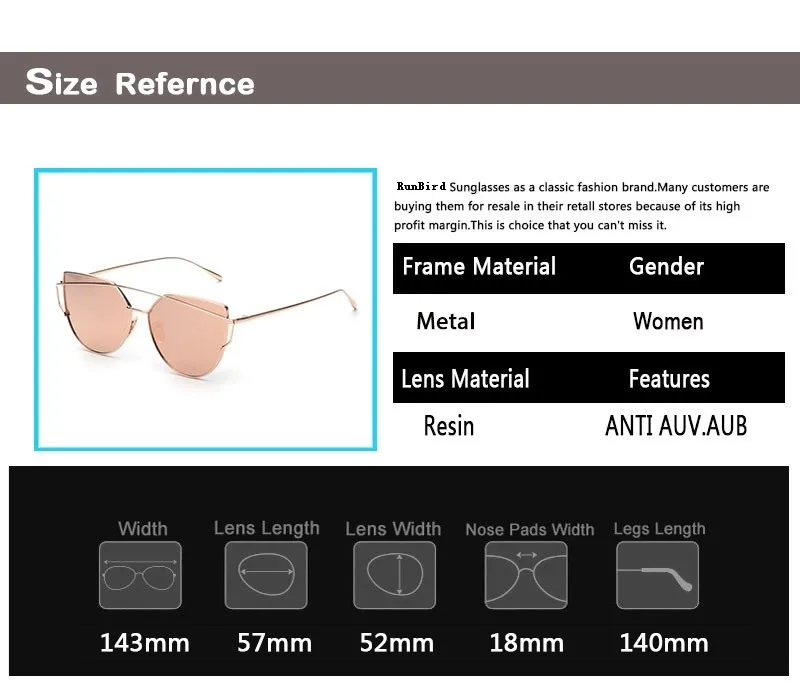 RunBird, новинка, женские модные роскошные солнцезащитные очки кошачий глаз с плоским верхом, женские солнцезащитные очки с двойным лучом, двухслойная оправа из сплава, UV400, M195
