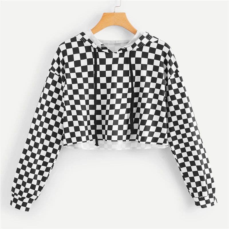 ROMWE, женские толстовки, толстовка, Gingham, на завязках, укороченная толстовка с капюшоном, футболка, Женский пуловер, спортивные костюмы, клетчатые топы, осенние толстовки