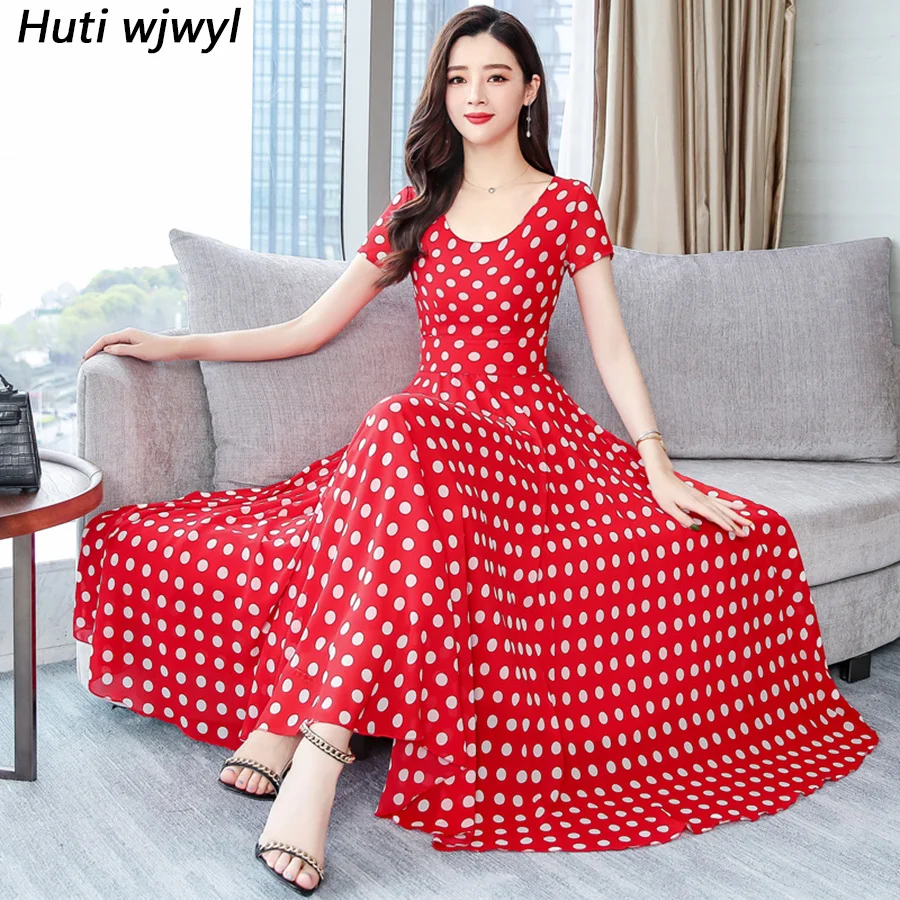 

2019 New Vintage Dot Chiffon Boho Maxi Sundress Plus Size Beach Vacation Midi Summer Dresses Elegant Women Bodycon Party Vestido
