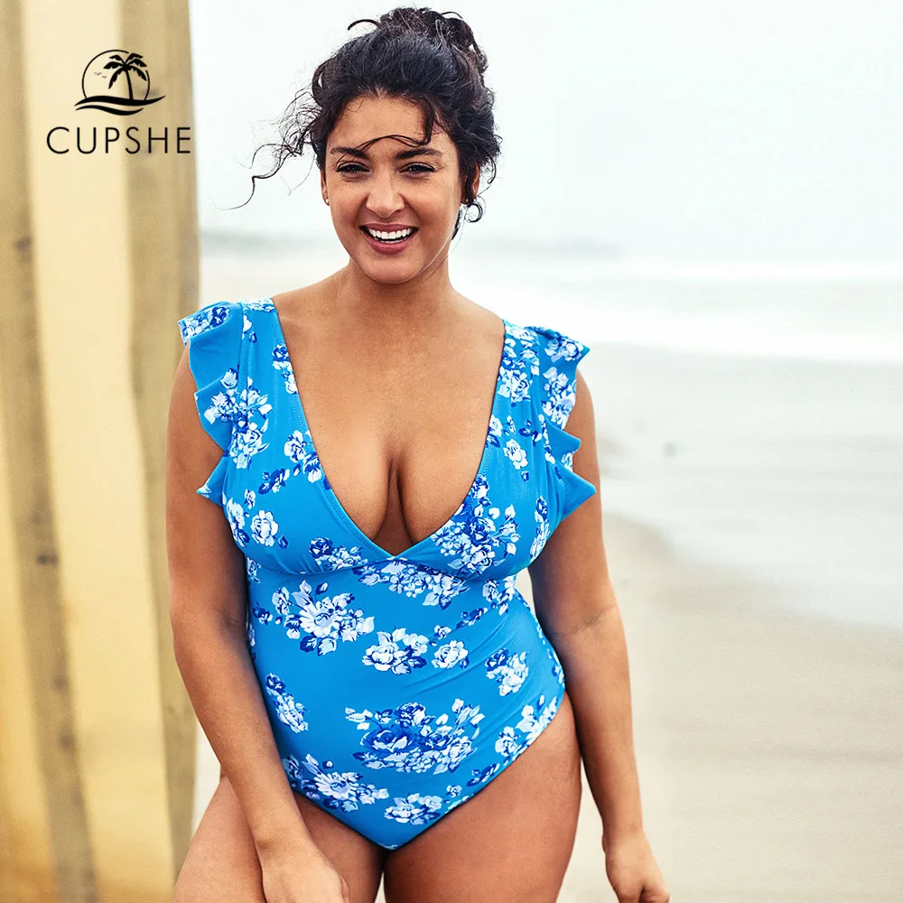 Preise CUPSHE Plus Größe Blau Rüschen Ein Stück Badeanzug Sexy Tiefem V ausschnitt Frauen Monokini Badeanzüge 2020 Mädchen Strand Bademode