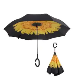 Двойной слои перевернутые зонтики для защита от ветра, УФ излучения подсолнечника узор обратный Unbrellas праздник путешествия Открытый дождь