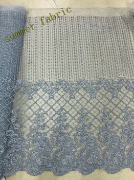 

Blue colour Embroidered beaded lace fabric for wedding dress high quality tulle french net lace fabric material