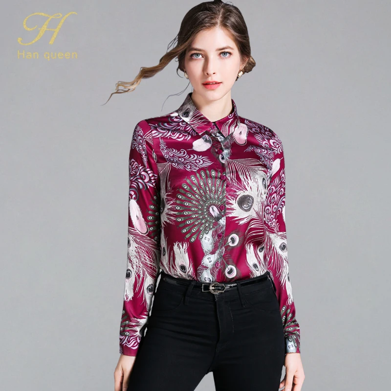 

H Han Queen Vintage Tops Summer Print Women Blouses Long Sleeve Chiffon Blusas Turn-down Collar Shirt Casual Blouse Plus Size
