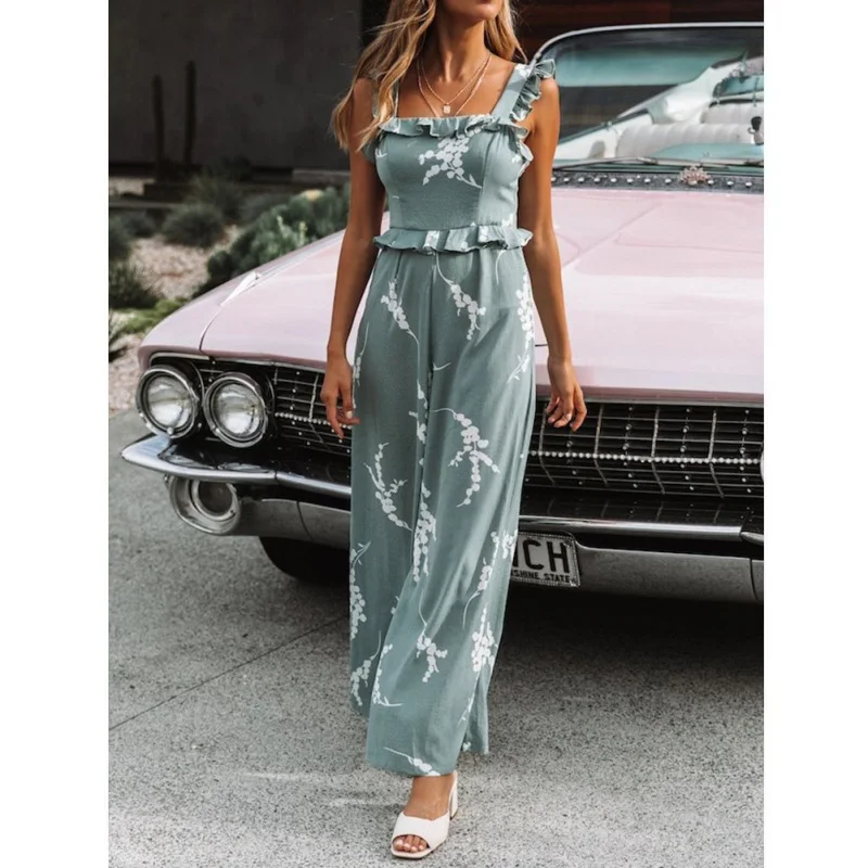 new sexy straps ruffled printed one-piece trousers women vintage backless print female Siamese trousers Lake Blue summer