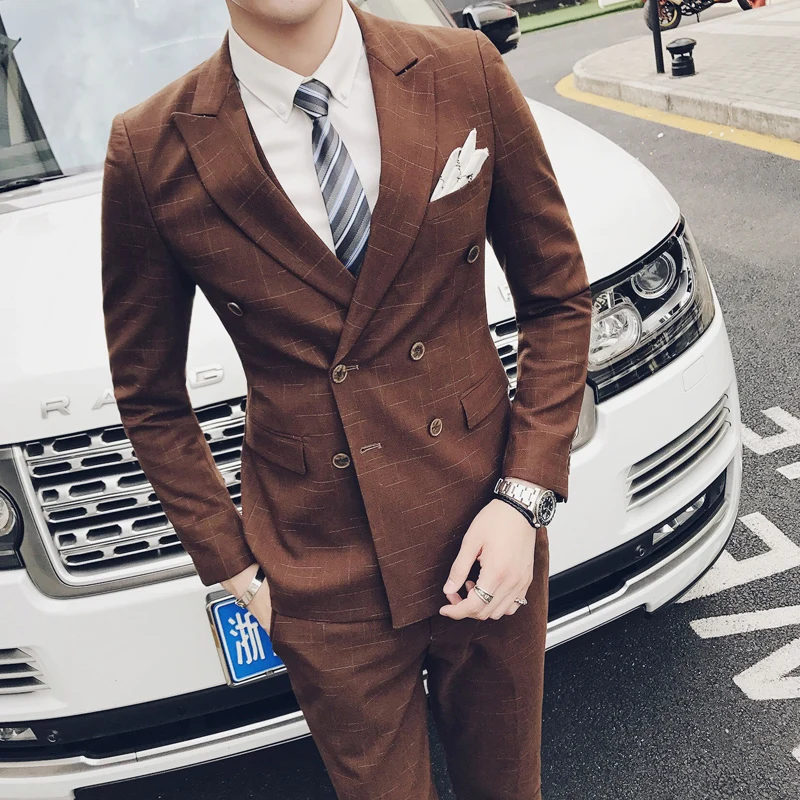 

Vintage Style Wedding Dresses Double Breasted Suit Brown Black Smoking Homme Costume De Mariage Pour Homme 2017 Slim Fit