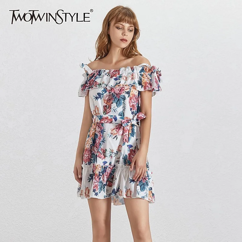 

TWOTWINSTYLE Print Summer Mini Dress For Women Slash Neck Off Shoulder Short Sleeve High Waist Lace Up Dresses Female Fashion