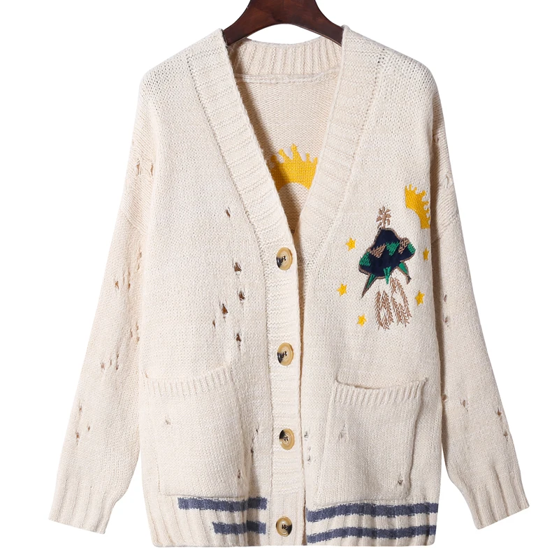 #Special Offers 2018 New Autumn Winter Women Loose Embroidered Sweater Jacket V Collar Female Casual Knitted Cardigan Wool Knitwear LJ0910 #Special Offers 2018 New Autumn Winter Women Loose Embroidered Sweater Jacket V Collar Female Casual Knitted Cardigan Wool Knitwear LJ0910